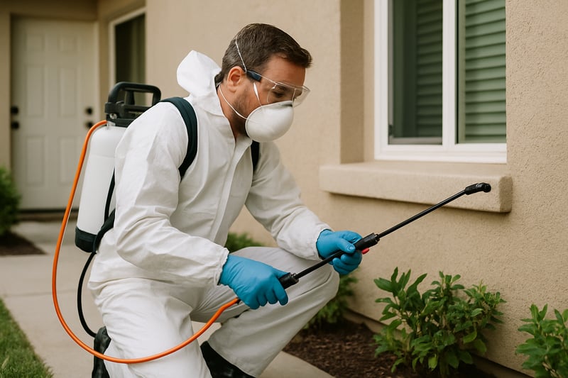 Professional technician performing pest control at a residential property