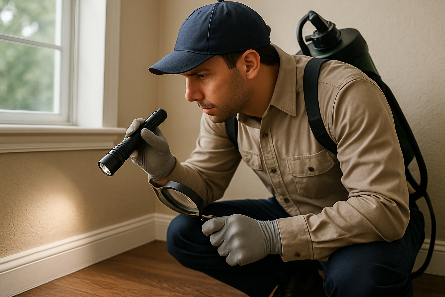 Technician inspecting home for pest activity