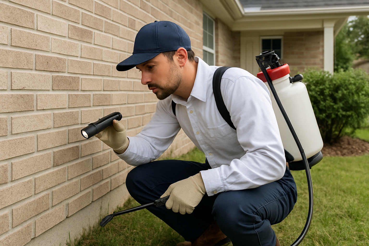 Technician inspecting a residential property for pests
